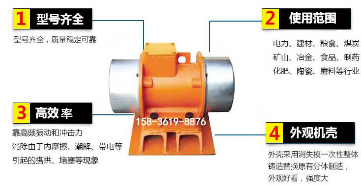 YZS振動(dòng)電機(jī)特點(diǎn)：1，型號(hào)齊全：型號(hào)齊全，質(zhì)量穩(wěn)定使用范圍：電力，建材，糧食，煤炭，礦山等行業(yè)。3，效率高：靠高頻振動(dòng)和沖擊力消除由于內(nèi)摩擦，潮解，帶電等引起的塔拱，堵塞等現(xiàn)象。4，外觀(guān)機(jī)殼：外殼采用消失模一次性整體鑄造替換原有分體制造。