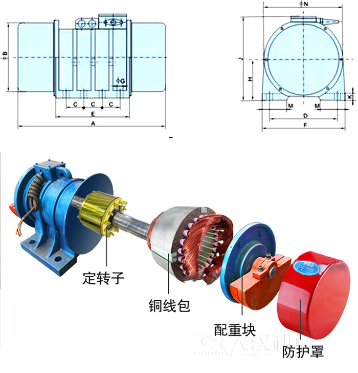 YZS振動(dòng)電機(jī)內(nèi)部主要部件：定轉(zhuǎn)子，銅線(xiàn)包，配重塊，防護(hù)罩。